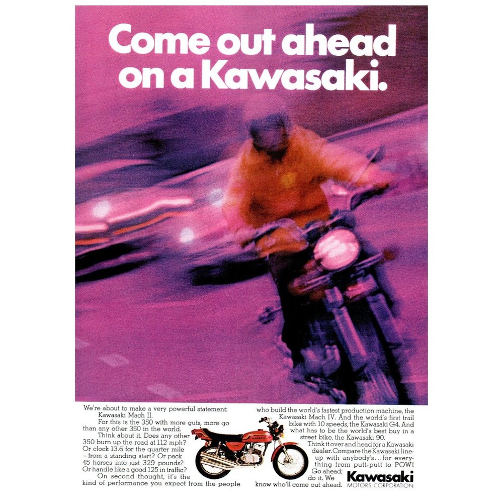 1972 Kawasaki Mach II 2 350cc Red Motorcycle Motor Bike Vintage Print Ad Decor